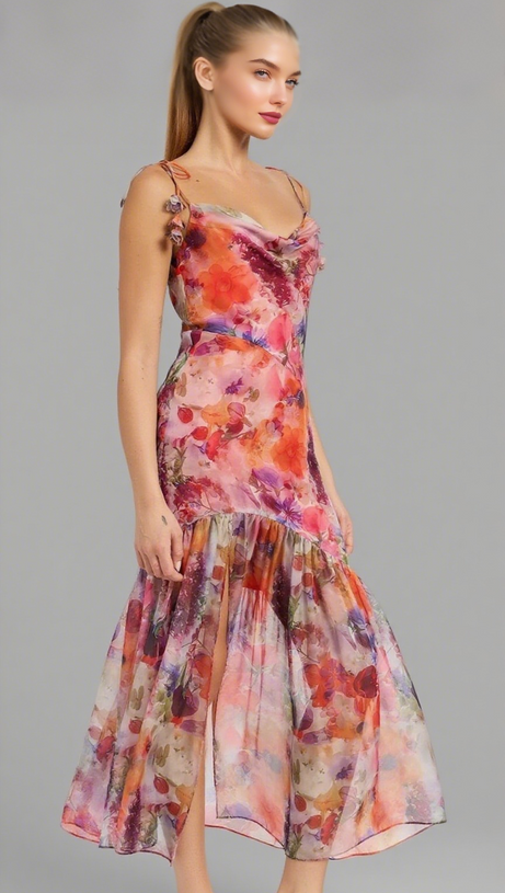 Rotes, mehrfarbiges Midikleid mit Bindebändern und Blumenmuster