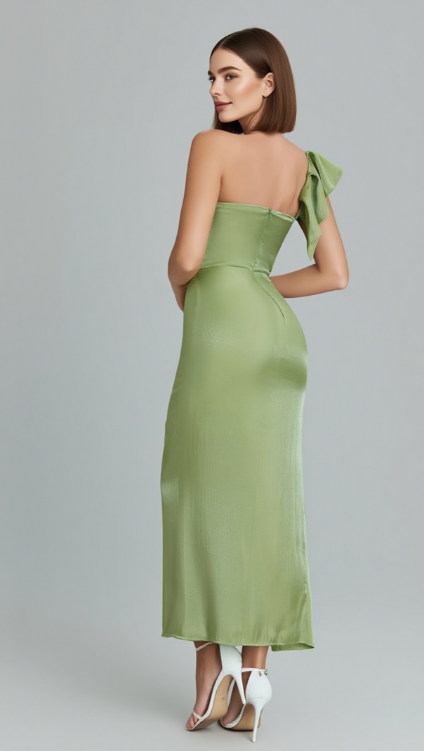 AIIZIE ONE - SHOULDER RUFFLE - DETAIL SATIN MIDI DRESS IN GREEN - product image