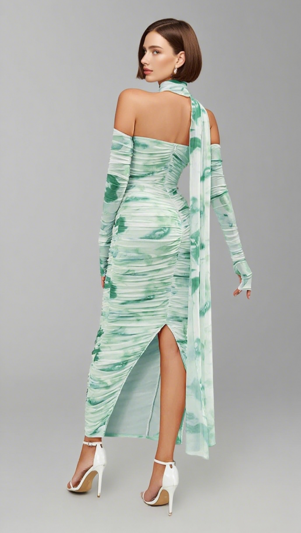 AIIZIE TIE - DYE ONE - SHOULDER RUCHED MIDI DRESS IN BEIGE AND GREEN - product image
