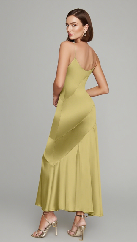 SATIN ASYMMETRIC RUFFLED  MIDI DRESS IN YELLOW