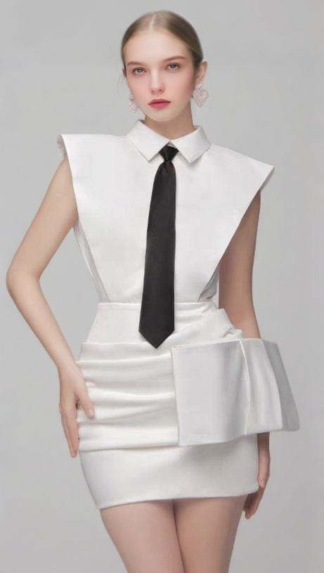WHITE BOWKNOT MINI DRESS WITH NECKTIE