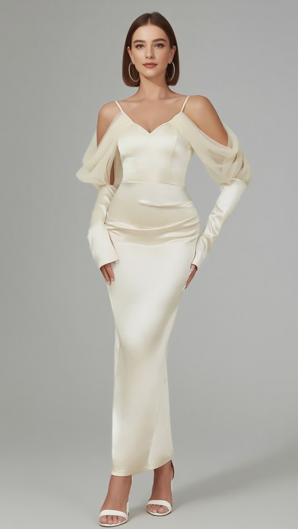 AIIZIE SATIN OFF - SHOULDER TULLE - SLEEVE MAXI DRESS IN IVORY - product image