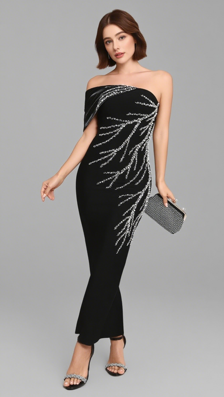 ONE SHOULDER RHINESTONE EMBELLISHED DRAPE GOWN IN BLACK