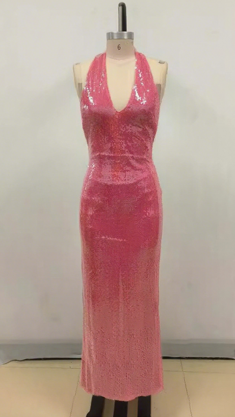 ZORA SHEER SEQUIN DEEP V-NECK GOWN IN PINK RED