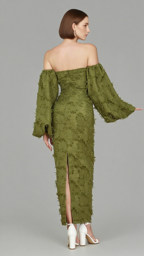 Strukturiertes, schulterfreies Midikleid aus Jacquard in Olivgrün