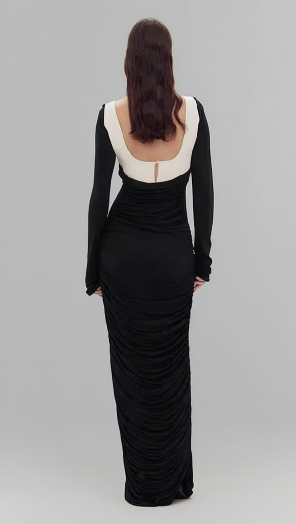AIIZIE RUCHED LONG - SLEEVE MAXI DRESS IN BLACK AND WHITE - product image