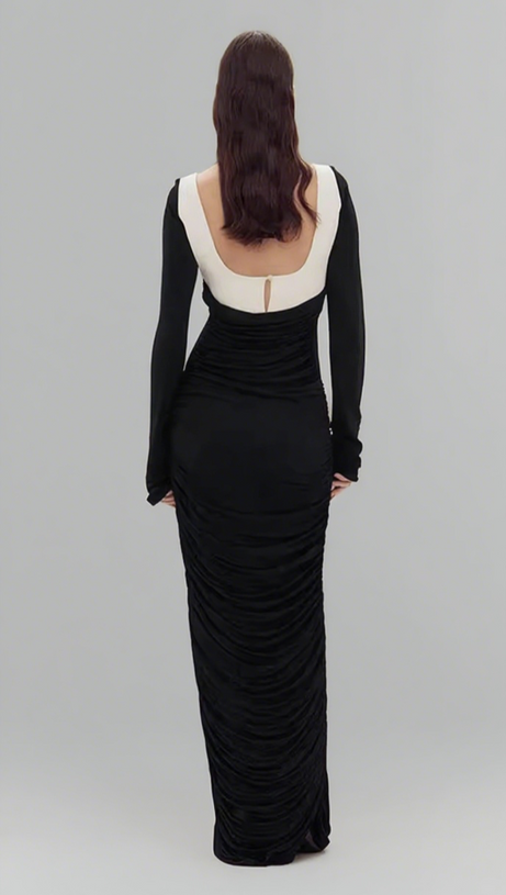 RUCHED LONG - SLEEVE MAXI DRESS IN BLACK AND WHITE