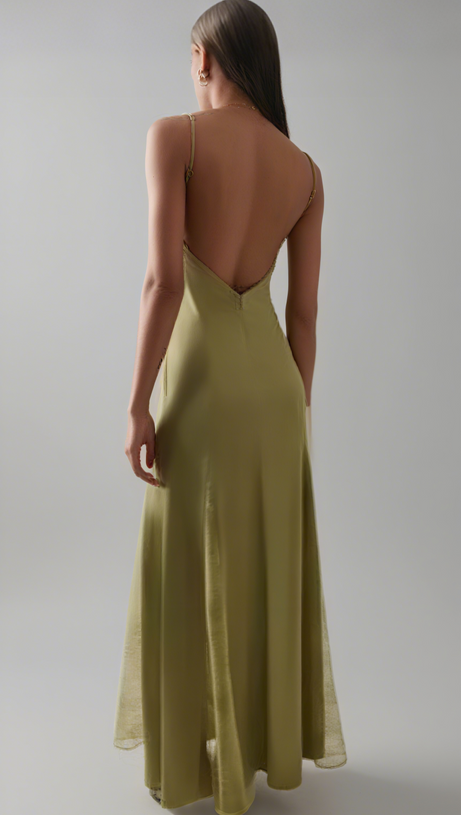 ABITO LUNGO IN SETA CON INSERTI IN PIZZO VERDE ESCLUSIVO