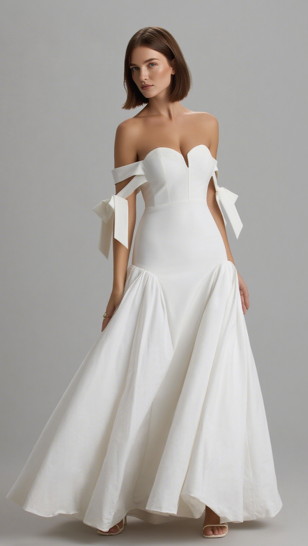 AIIZIE ETHEL | WHITE & CREAM BARDOT MAXI DRESS WITH VOLUME SKIRT - product image