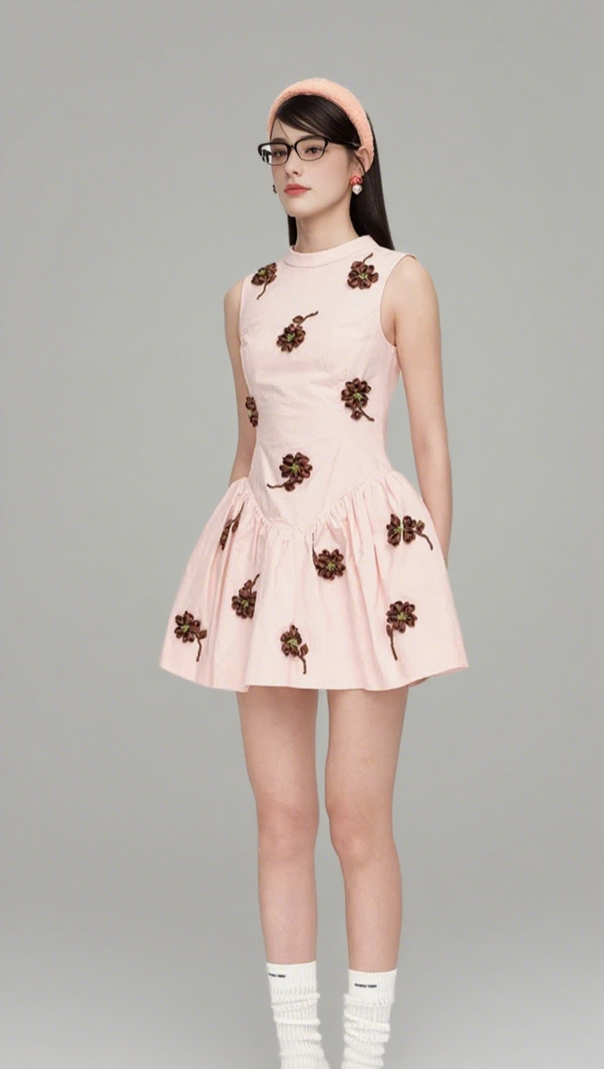 AIIZIE VIVIEN FLOWER EMBELLISHED PUFFY MINI DRESS IN PINK - product image