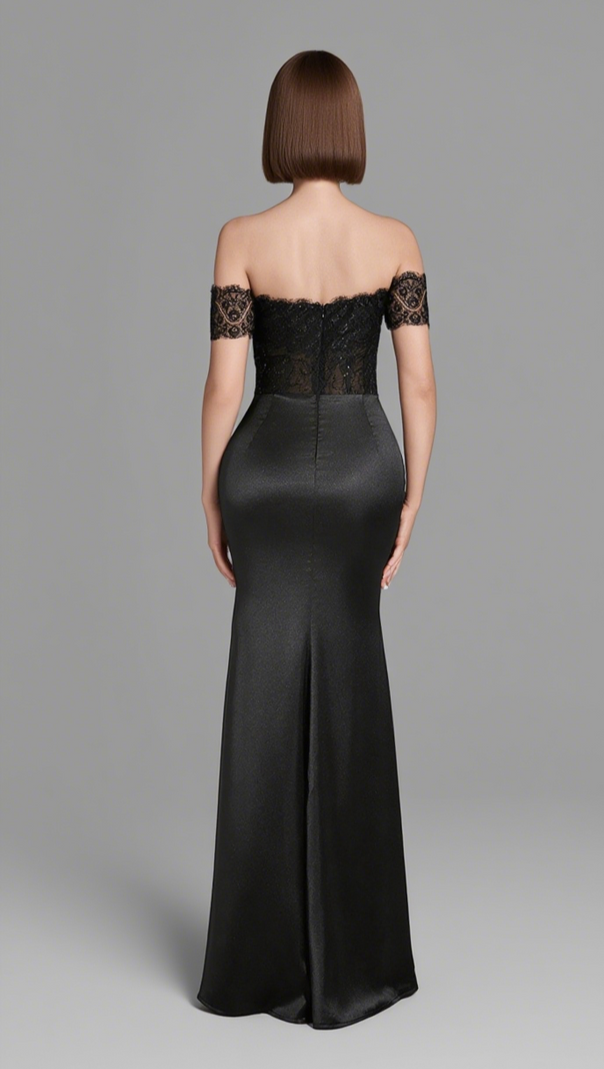 AIIZIE LACE OFF - SHOULDER RUCHED SATIN MAXI DRESS IN BLACK - product image