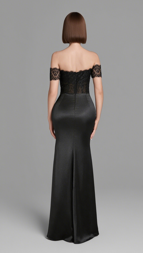 LACE OFF - SHOULDER RUCHED SATIN MAXI DRESS IN BLACK