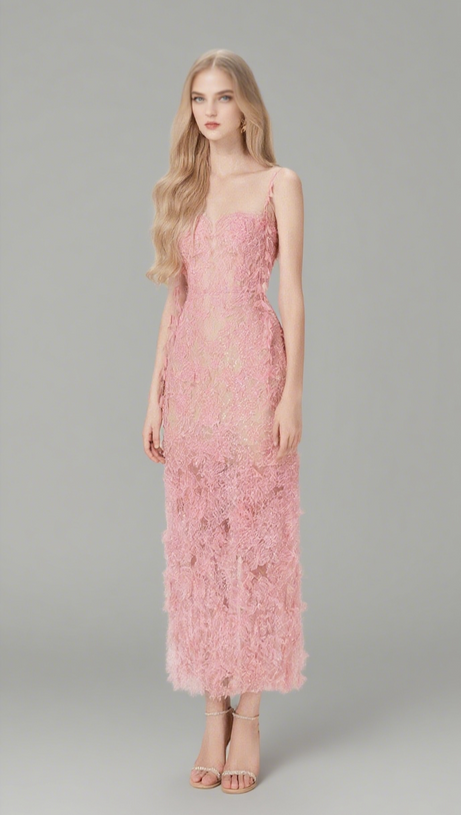 PINK BEADED LACE PENCEL DRESS