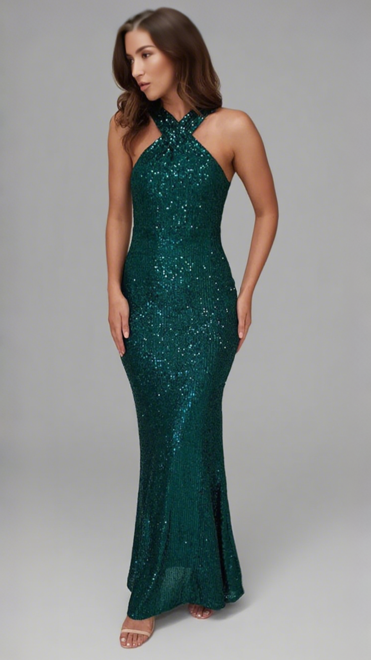 SEQUIN - EMBELLISHED CROSS - HALTER MERMAID MIDI DRESS IN GREEN