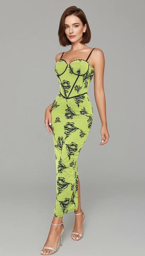 FLORAL PRINT CORSET - STYLE MIDI DRESS IN NEON GREEN