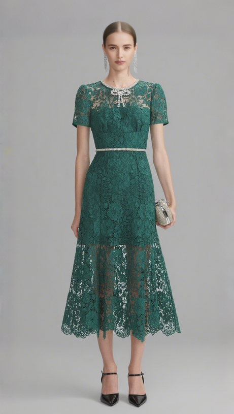 GREEN LACE DIAMANTE BOW MIDI DRESS