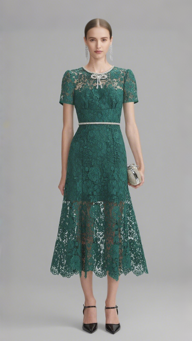 GREEN LACE DIAMANTE BOW MIDI DRESS