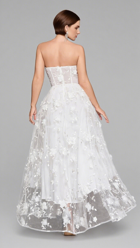 FLORAL - EMBROIDERED SHEER STRAPLESS MAXI DRESS IN WHITE