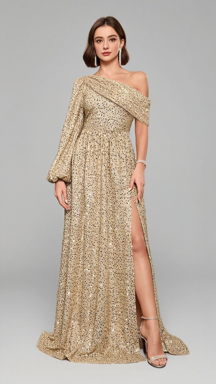 SEQUIN ONE - SHOULDER PUFF - SLEEVE MAXI DRESS IN GOLD
