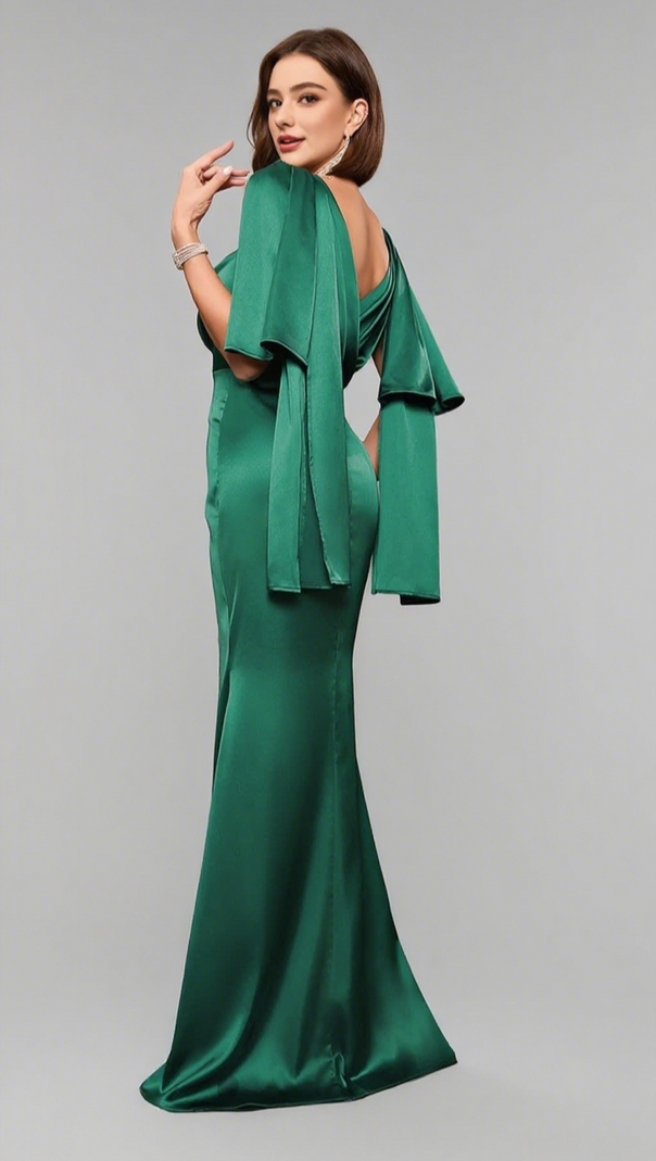 AIIZIE SATIN V - NECK CAPE - SLEEVE MERMAID MAXI DRESS IN GREEN - product image