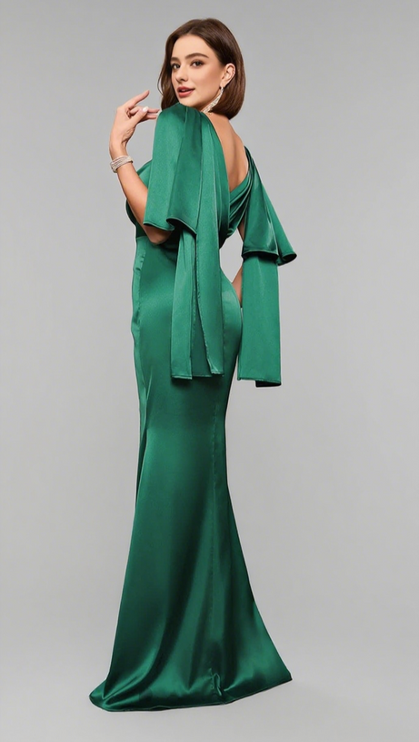 SATIN V - NECK CAPE - SLEEVE MERMAID MAXI DRESS IN GREEN