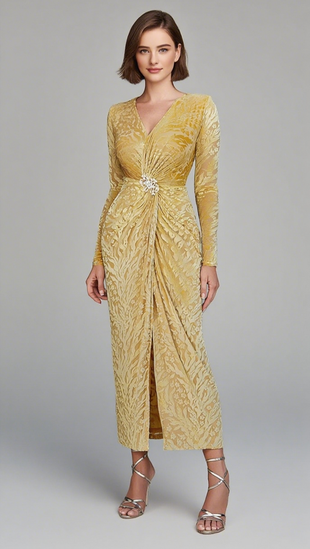 AIIZIE FLORAL - PATTERNED V - NECK LONG - SLEEVE MIDI DRESS IN GOLD - product image