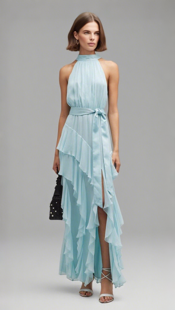 AIIZIE HALTER NECK RUFFLED - TIERED MIDI DRESSS IN LIGHT BLUE - product image
