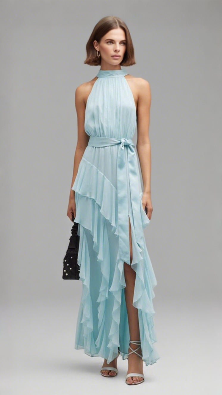 HALTER NECK RUFFLED - TIERED MIDI DRESSS IN LIGHT BLUE