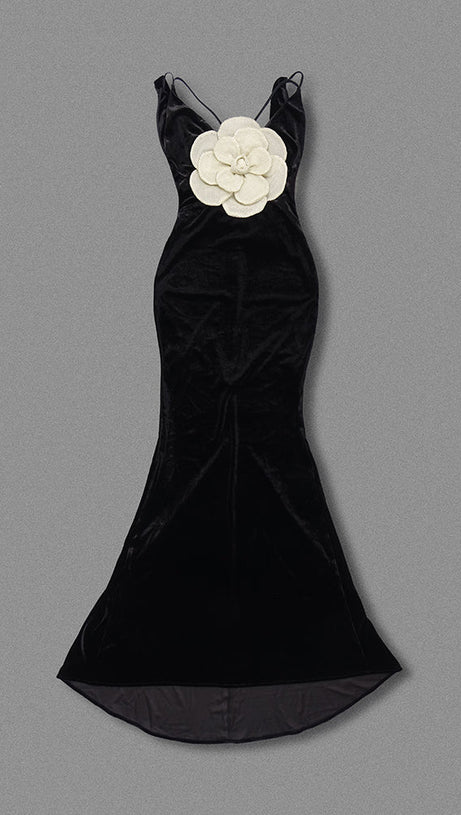 HARRIET GOLD 3D FLOWER BODYCON BLACK MAXI DRESS