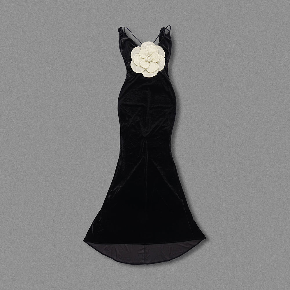 AIIZIE HARRIET GOLD 3D FLOWER BODYCON BLACK MAXI DRESS - product image
