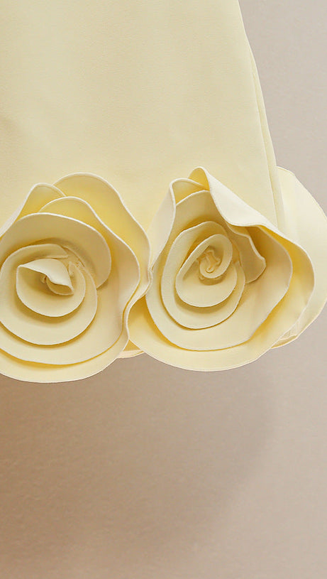 HAVILY CHIC YELLOW 3D ROSETTE MINI DRESS | ELEGANT FLORAL APPLIQUE