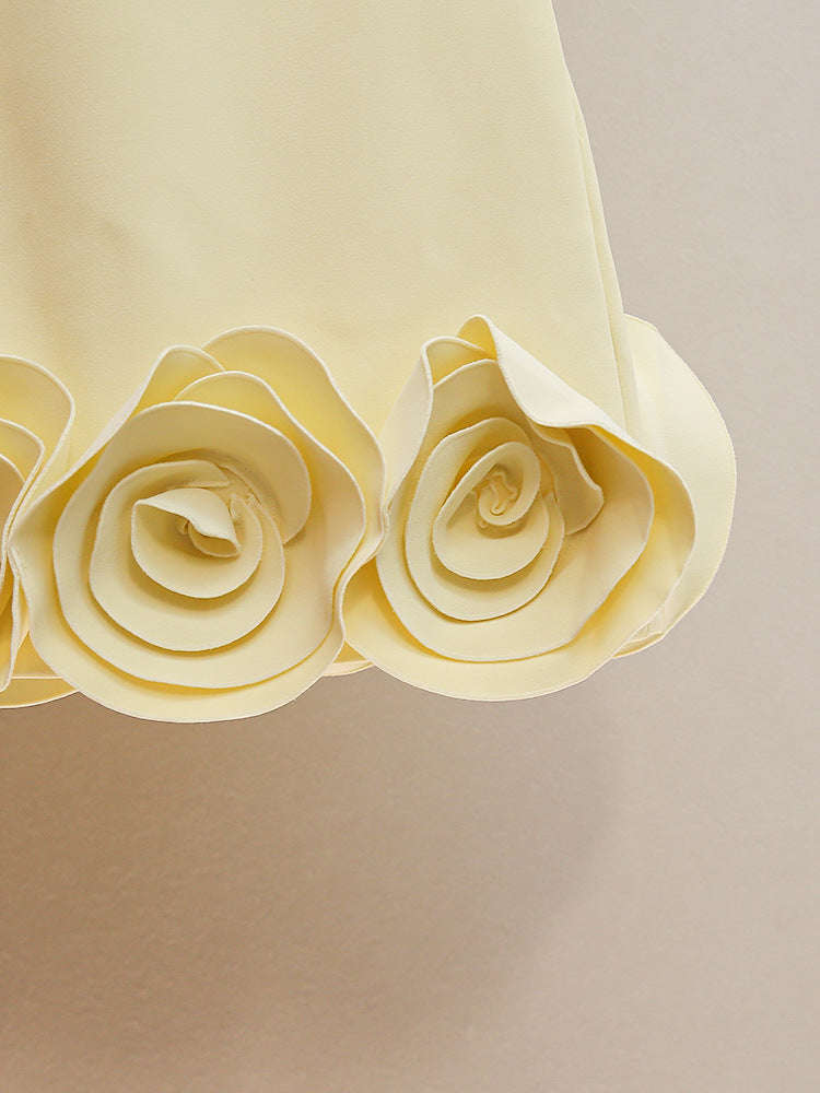AIIZIE HAVILY CHIC YELLOW 3D ROSETTE MINI DRESS | ELEGANT FLORAL APPLIQUE - product image