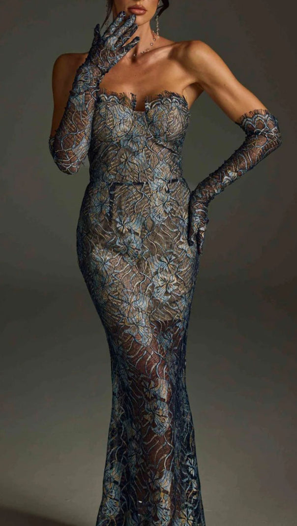 AIIZIE Javion Enchanting Strapless Floral Lace Gown with Opera Gloves - product image