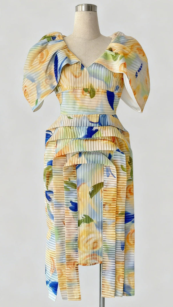 AIIZIE Janis Vibrant Yellow Floral Puff Sleeve Midi Dress - product image