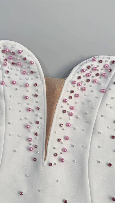 HITA PINK STRAPLESS BEADED FLORAL BANDAGE MINI DRESS - PARTY GLAM