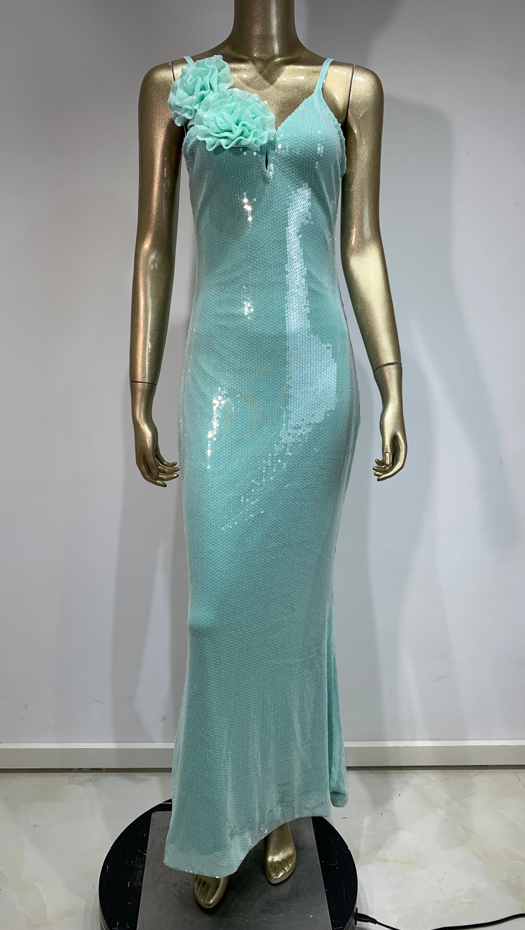 AIIZIE TEAL FLORAL EMBELLISHED BODYCON SEQUIN MAXI DRESS - product image