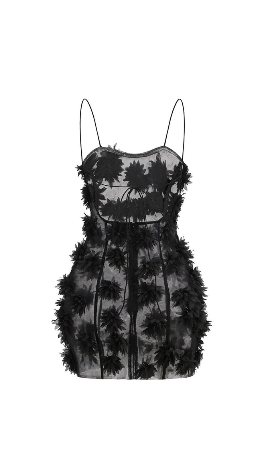 FLOWER EMBELLISHED MINI DRESS IN BLACK