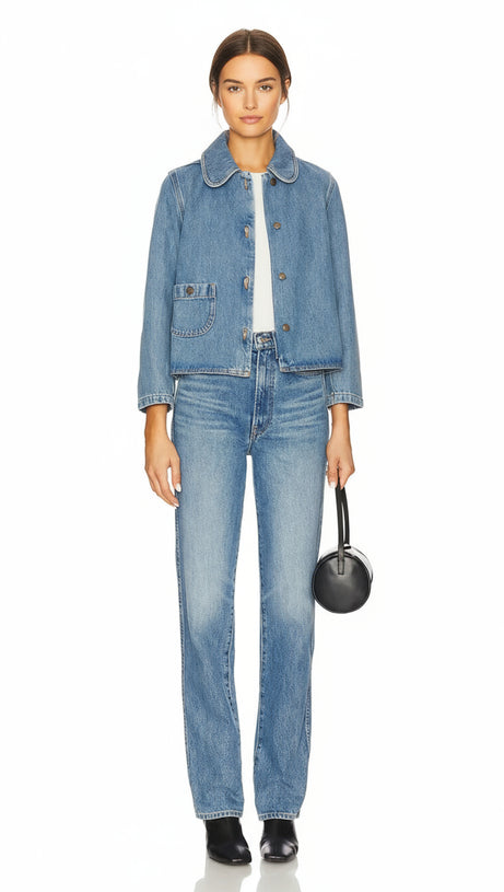 HARMONI CHIC CROPPED DENIM JACKET - EFFORTLESS STYLE & ROUNDED COLLAR
