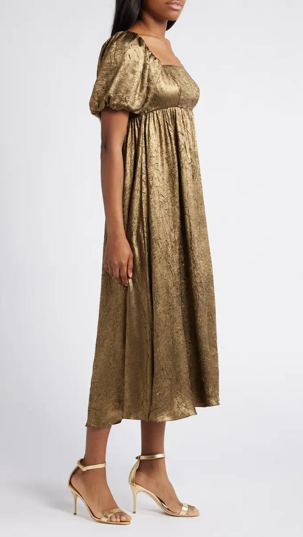 AIIZIE TRISTA SQUARE NECK PUFF SLEEVE MIDI DRESS IN GOLD - product image
