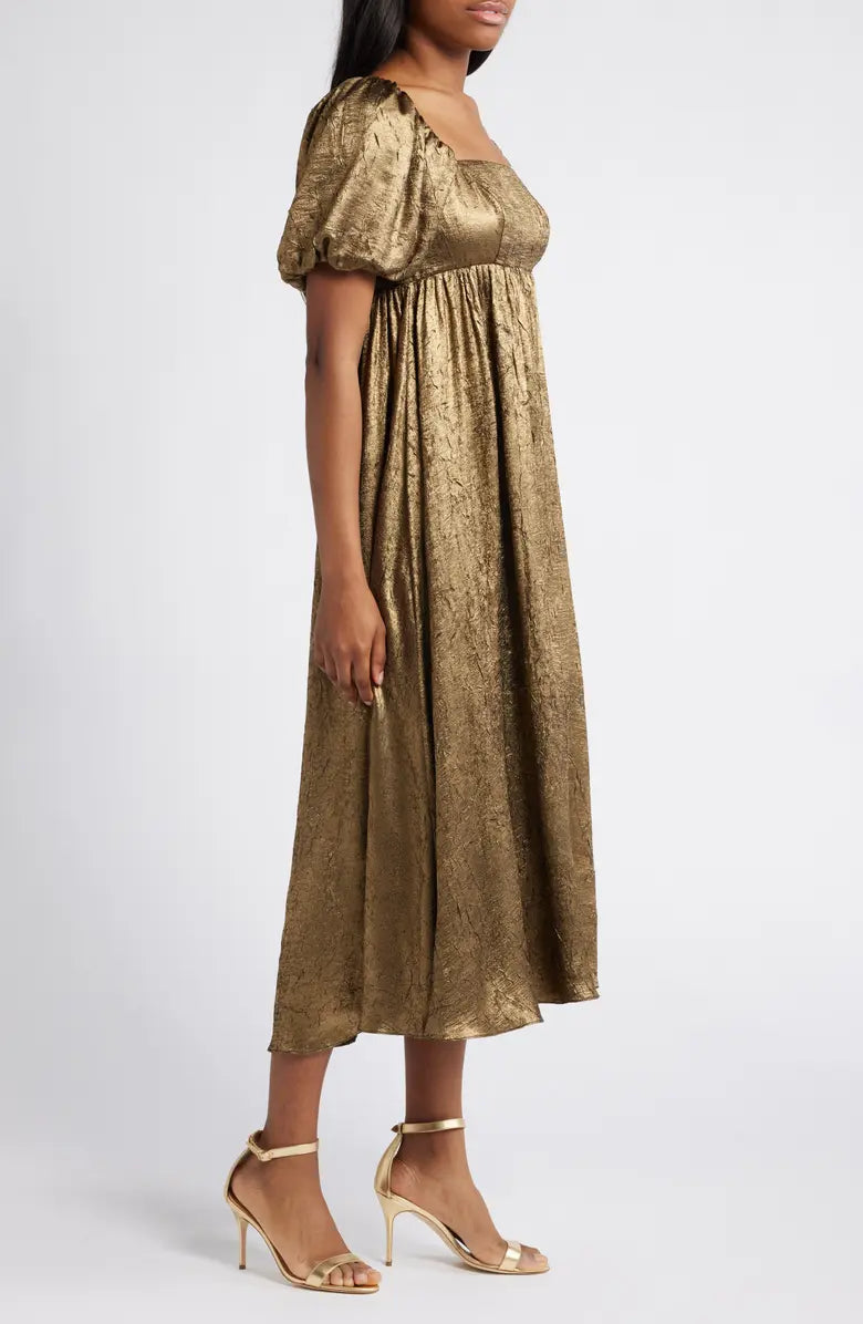 TRISTA SQUARE NECK PUFF SLEEVE MIDI DRESS IN GOLD