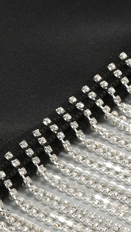 RHINESTONE METAL CHAIN TASSEL BANDAGE DRESS