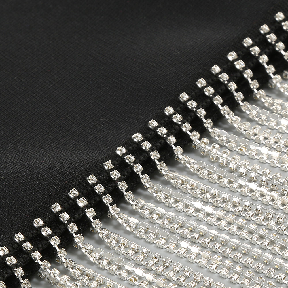 RHINESTONE METAL CHAIN TASSEL BANDAGE DRESS
