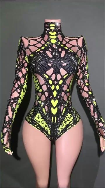 HOOANG DAZZLING GREEN CRYSTAL CUT-OUT BODYSUIT - LONG SLEEVE GLAMOUR