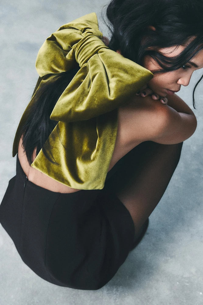 AIIZIE VELVET BOW MINI DRESS IN BLACK - product image