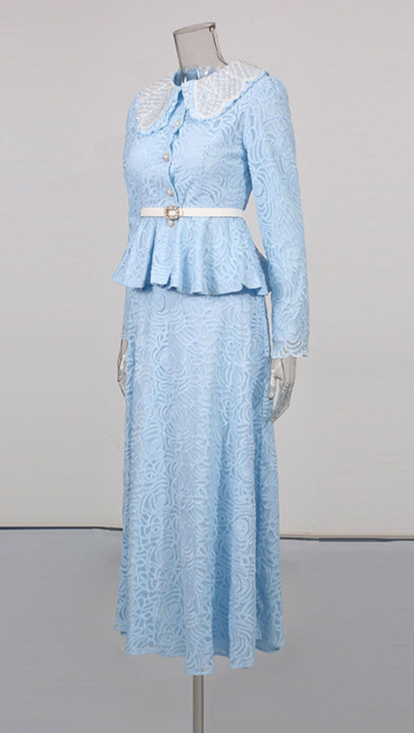 AIIZIE ILONA BLUE ELEGANT FLORAL LACE PEPLUM TWO-PIECE SKIRT SET - product image