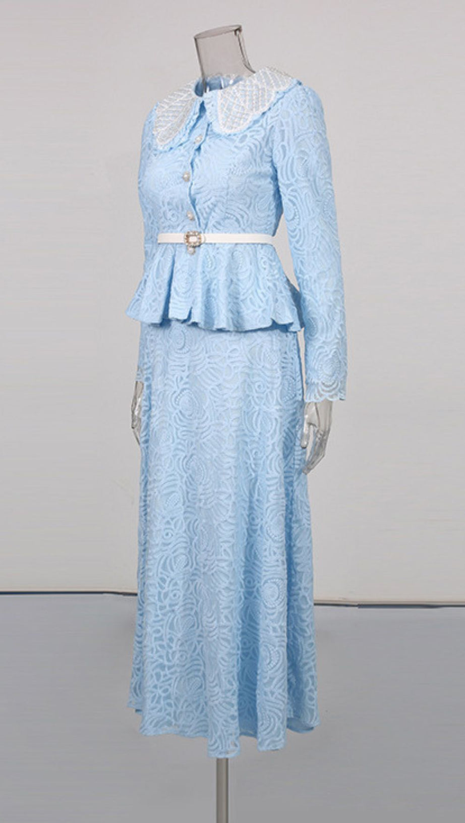 ILONA BLUE ELEGANT FLORAL LACE PEPLUM TWO-PIECE SKIRT SET