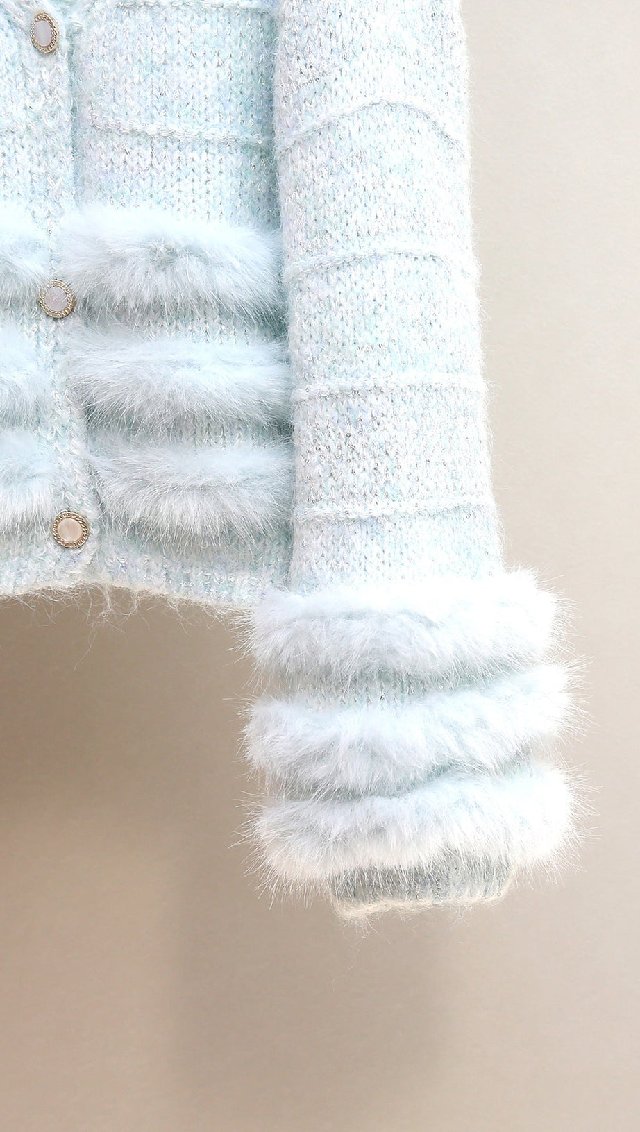 Joanie Luxe Blue Plush Knit Cardigan with Faux Fur Trim for Women