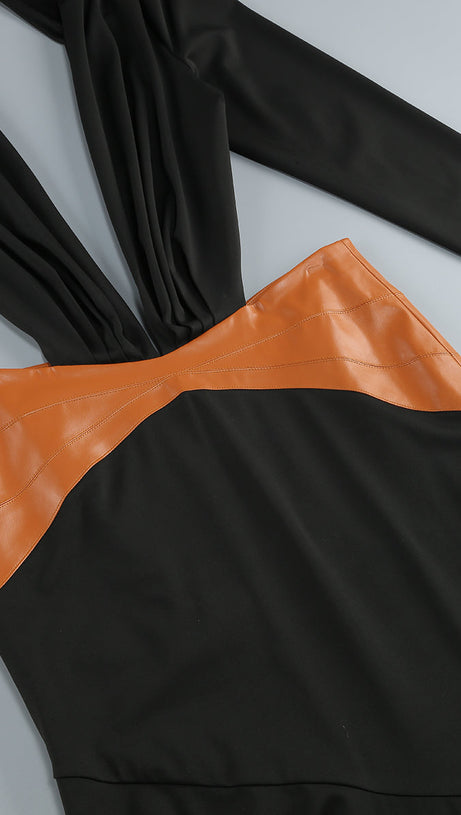 ASHLEY BLACK MAXI DRESS WITH OPEN BACK AND LEATHER PANE