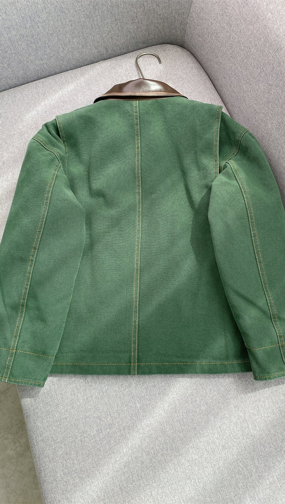 Women's Chic Green Workwear Jacket with Contrast Leather Collar