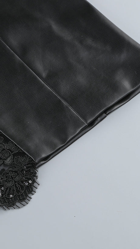 RETHA FAUX LEATHER LACE MAXI DRESS IN BLACK